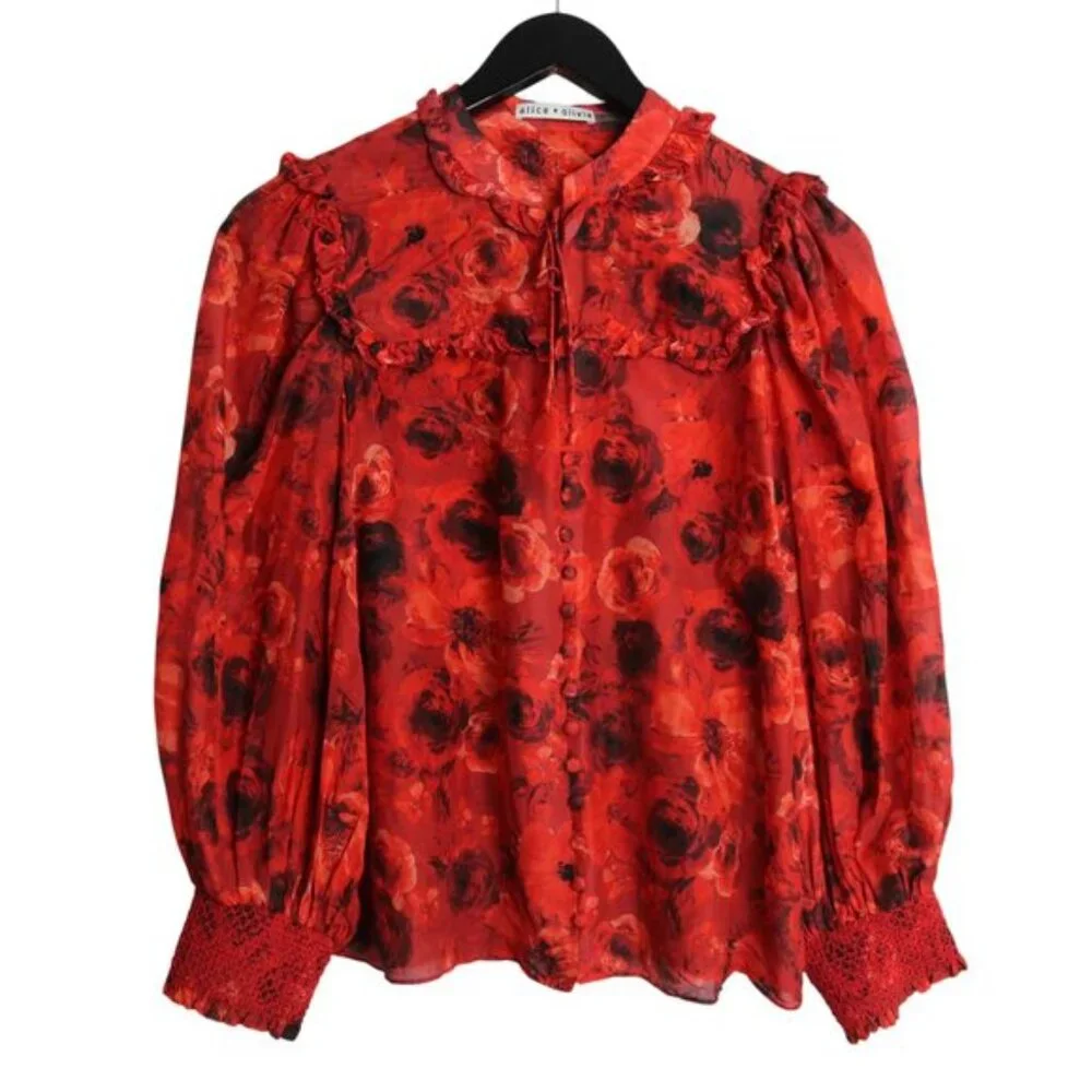 Alice + Olivia Bette Silk Cotton Ruffle Tie Blouse Floral Red Size Medium - Picture 2 of 8